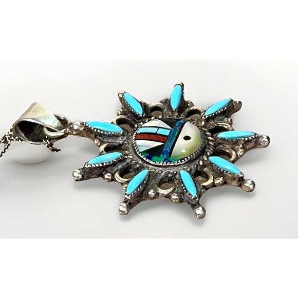 Zuni Sunface Sterling Silver Turquoise Inlay Pendant Necklace VTG Coral Opal Jet - Picture 5 of 16